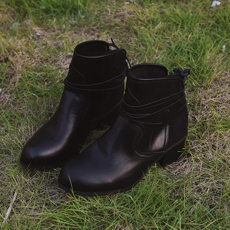 Women Boots 2022 Autumn Vintage Boots Women Chunky Heels Lace-up Booties Heeled Ankle Boots Botas De Mujer