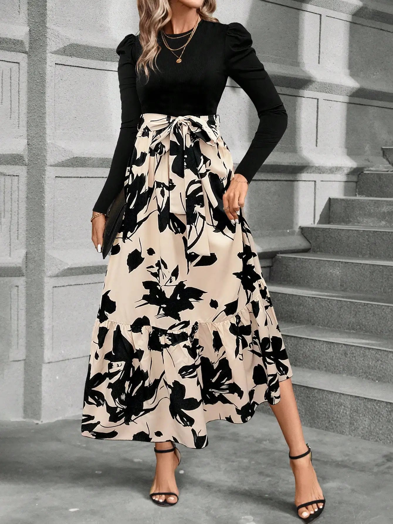 Spring and summer color combination high-waisted flower print dress woman elegant