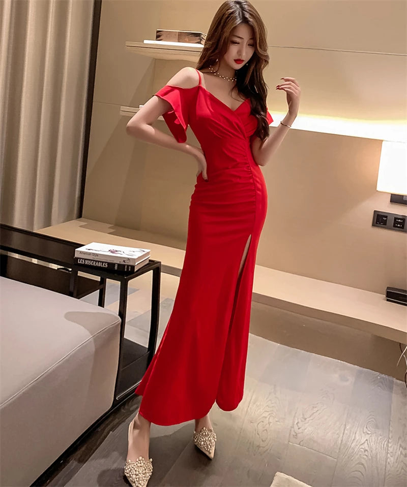 Spring Women Red Evening Party Dresses Short Sleeve V Neck Fit And Flare Long Maxi Summer Dress Lady Prom Gown Robe Longue Femme