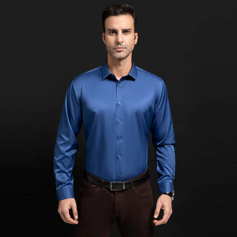 Quality Smooth Soft Anti-Wrinkle Men Shirts Long Sleeve Dress Shirts For Male Slim Social Business Blouse Solid Color Shirt 6XL