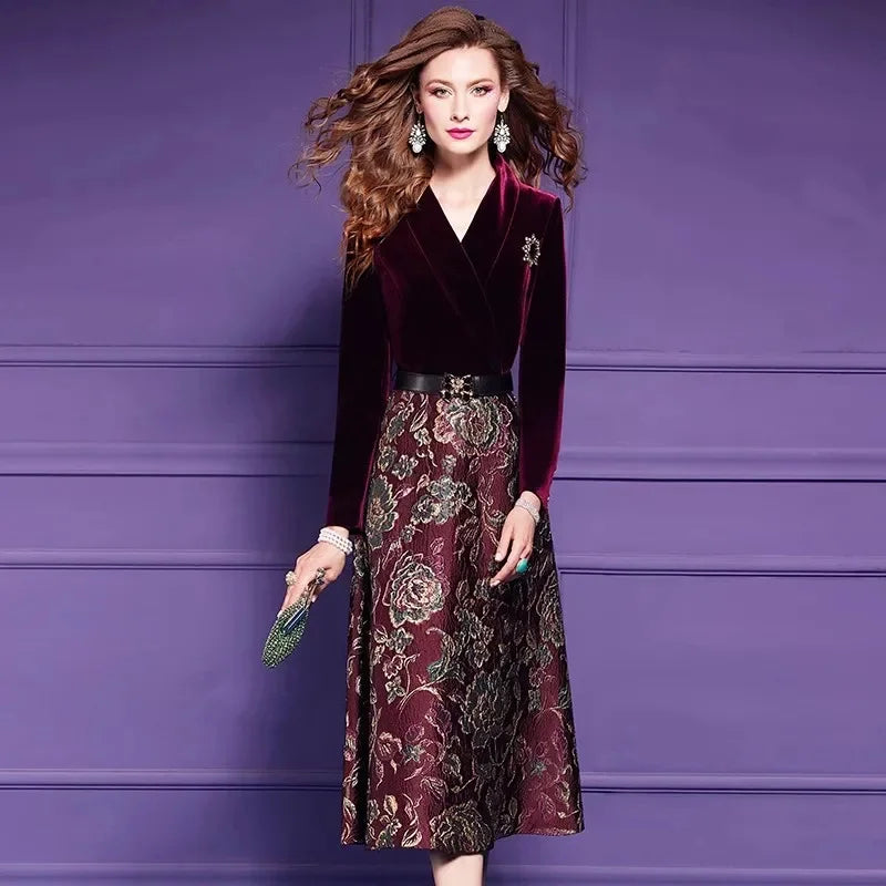 Spring Autumn Dress High End Women's Elegant Dresses Female Jacquard Gold Velvet Korean Slim Evening Party Female Maxi Vestidos