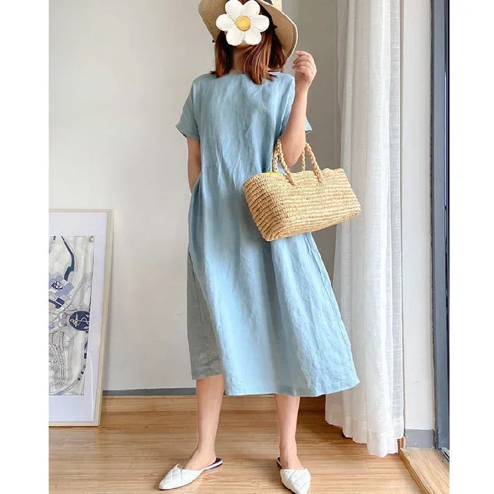 New in Spring Summer Women's Dress Elegant Casual Loose Short Sleeve Tops A-LINE Oversize Solid Midi Dresses for Women Clothing