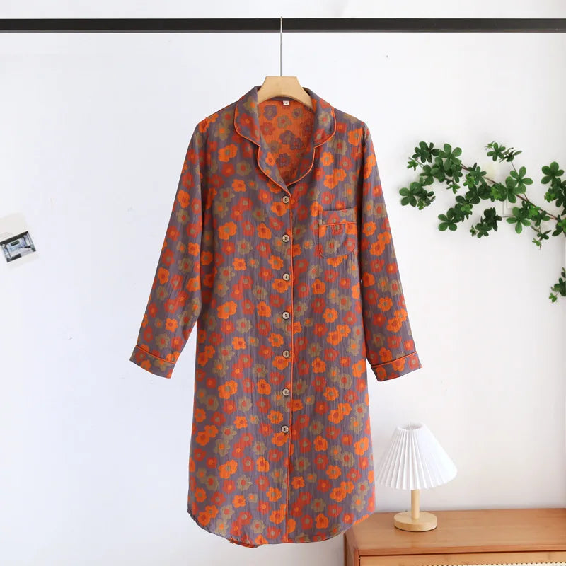 New Spring and Summer Women's Nightdress 100% Cotton Leaf Flower Long Sleeve Dress Large Home Dress Retro Long Sleeve Dress