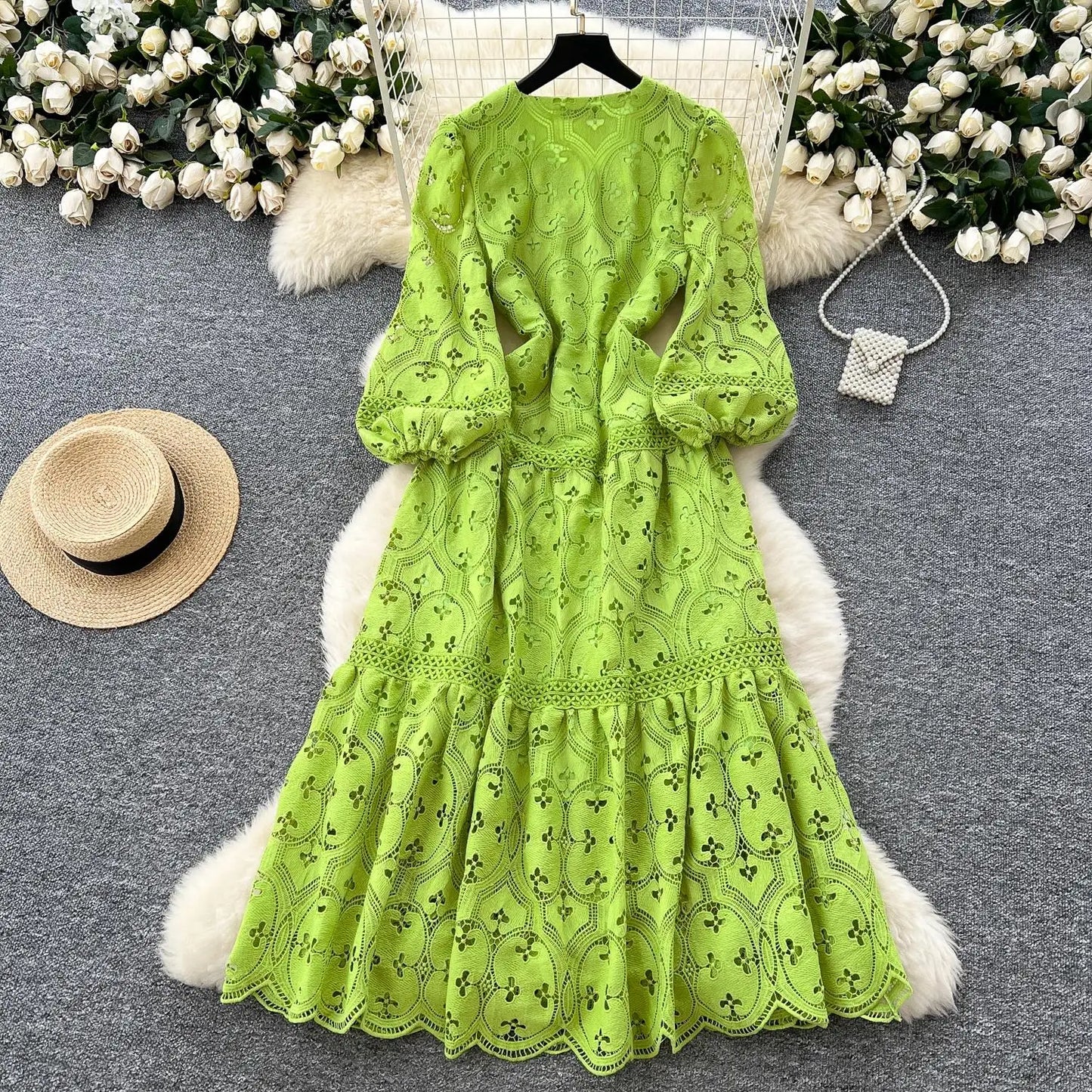 Spring French Vacation Fashion Dress Women Buttons Hook Flower Hollow Out Design 2025 High Quality Lace Ruffles Long Dress
