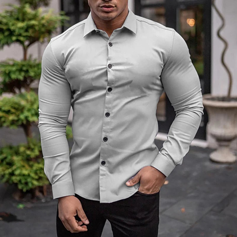 Spring Autumn New Fashion Long Sleeve Shirt Mens Super Slim Fit Luxury Classic Turn-down Single Breasted Business Dress Shirt