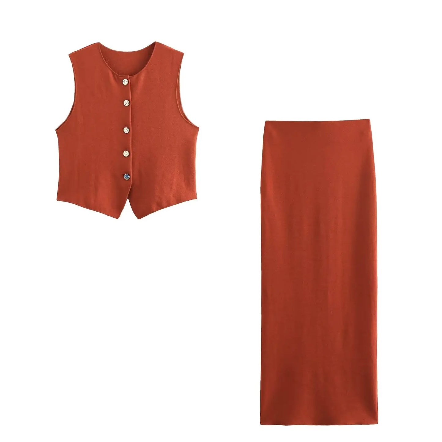 TRAFZA Women 2 Piece Set Solid O-Neck Sleeveless Single Breasted Knitted Vest Top+Elastic Waist Slit Hem Design Slim Midi Skirt
