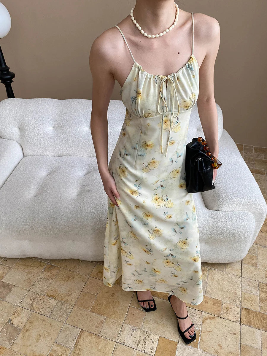 Spring and summer women's casual flower print slim fit suspender dress