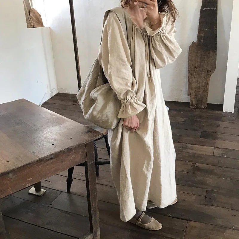 2025 New Spring Cotton Linen Dress for Women Solid Long Sleeve Drawstring Office Lady Elegant Maxi Dress