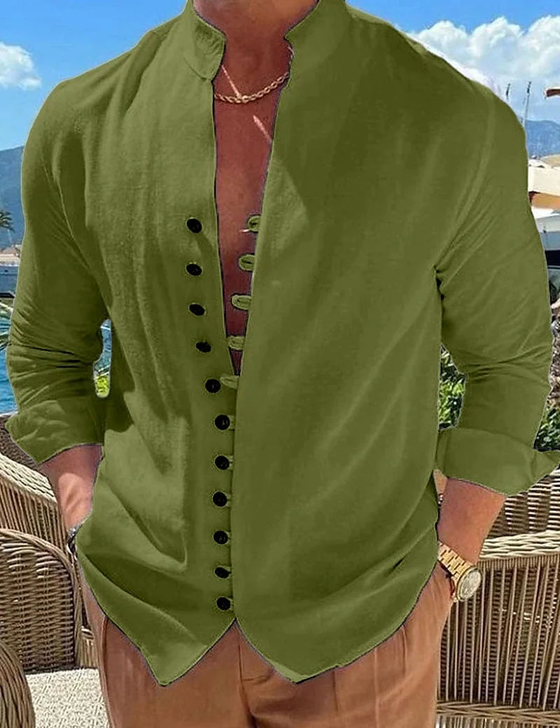 Spring and autumn new men comfortable retro cotton linen casual shirt loose trend fashion high quality multi-button long sleeve