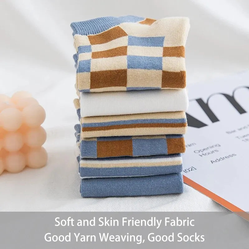 6 Pairs of Women's Spring and Summer Four Season Striped Plaid Fashion Trend Simple and Comfortable Sports Style Socks