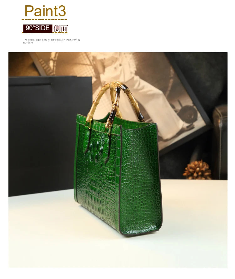 Crocodile Pattern Leather Women's Handbags Bamboo Handle Portable Tote Bag Mom Tide Shoulder Messenger Bags 2025 New Fashion