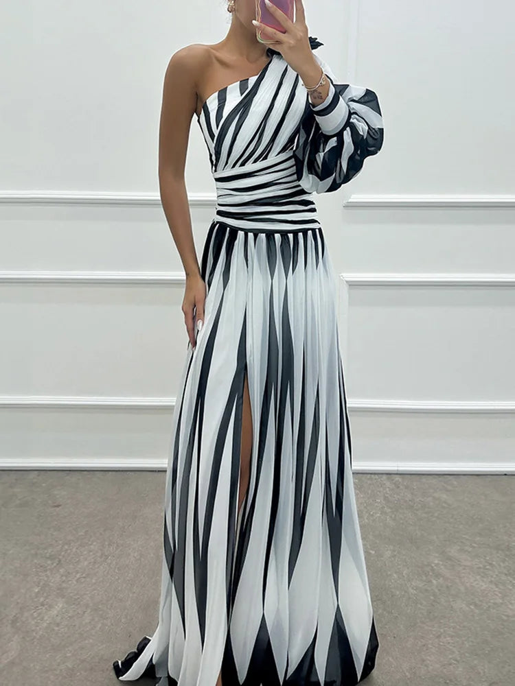 Spring Summer One Off Shoulder Fashion Party Dress, Women Printing Skew Collar Slim Maxi Dress, Long Sleeve Elegant Ladies Dress
