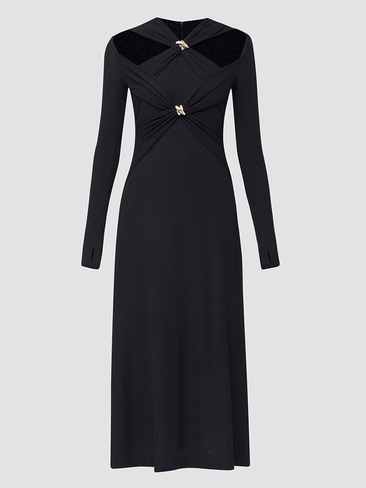 TWOTWINSTYLE Knitting White Dresses For Women V Neck Long Sleeve High Waist Hollow Out Slim Dress Female Summer 2023 Clothing