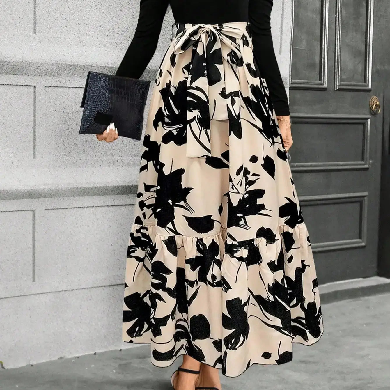 Spring and summer color combination high-waisted flower print dress woman elegant