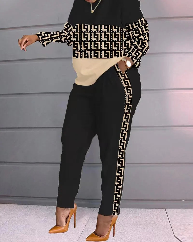 Women Print Two Piece Pant Sets Full Sleeve T Shirts Round Neck Splice Shirt High Waist Trousers Suits Autumn Office Lady