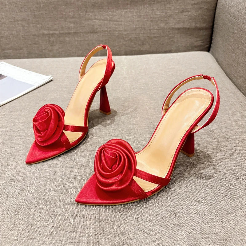 Liyke Summer Fashion Silk Rose Flowers Pointed Open Toe Back Strap Sandals Women Red High Heels Wedding Prom Shoes Zapatos Mujer