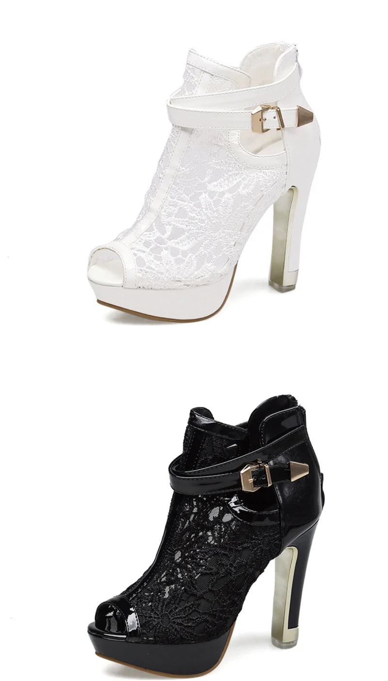 Hlieny Autumn Sexy Mesh Fabric Platform High Heels Boots Sandals Women Peep Toe Nightclub Party Stiletto Female Shoes