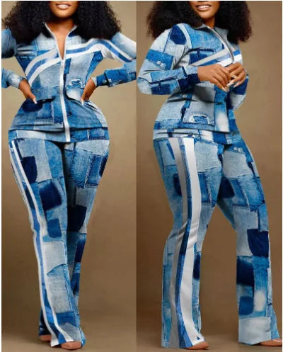 Two Piece Set Women Outfit 2023 Autumn Fashion Geometric Print Stand Collar Long Sleeve Zip Up Top & Casual Sporty Pants Set