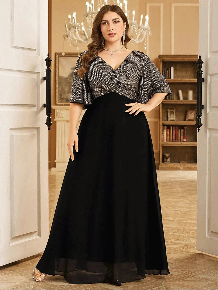 Plus Size V-neck Short Sleeve Black and Silver Sequined Mesh Floor-length Evening Dress 4XL 5XL Big Size Shiny Evening Dress