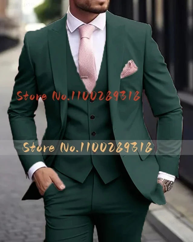 Pink Luxury Men's Suits Terno Formal Outfits 3 Piece Jacket Pants With Vest Slim Fit Luxury Costume Homme Formal Occasion Terno