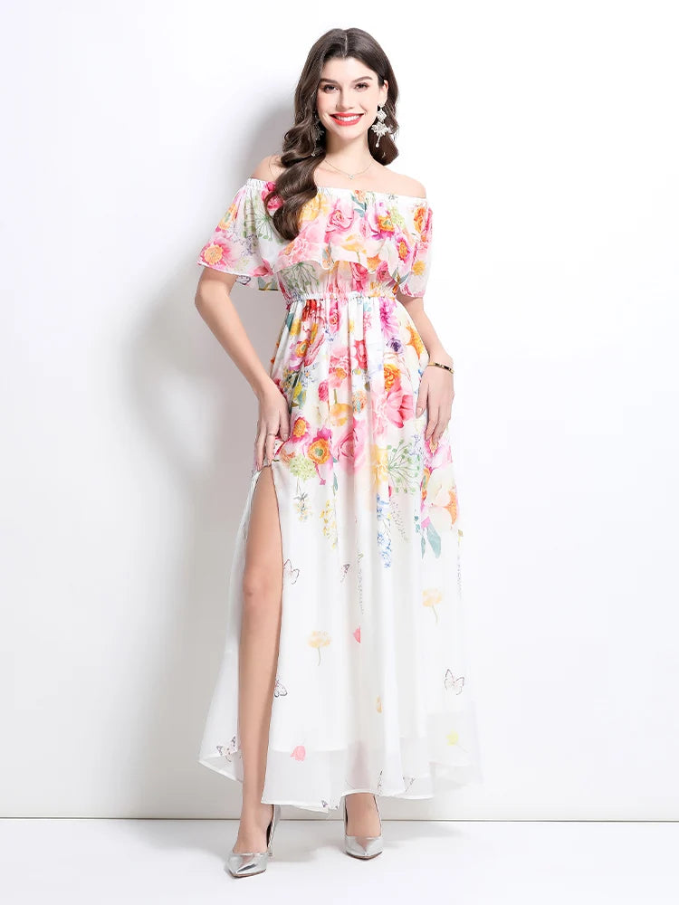 Summer French Floral Chiffon Dress Women Off Shoulder Slim High Quality Sheer Elastic Spring Vacation Print Ruffles Long Dresses