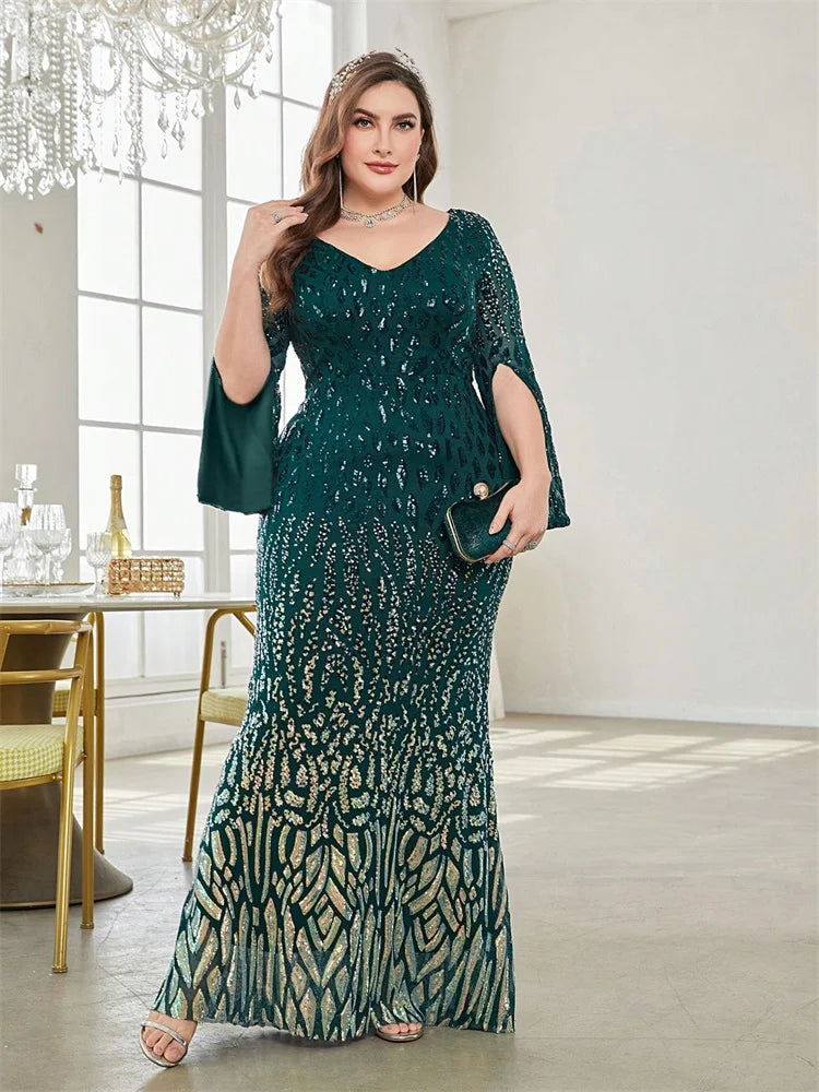 Plus Size Elegant Sequin Black Evening Dress 2025 Women Formal Maxi Prom Long Sleeves Party Luxury Cocktail Bridesmaid Gowns