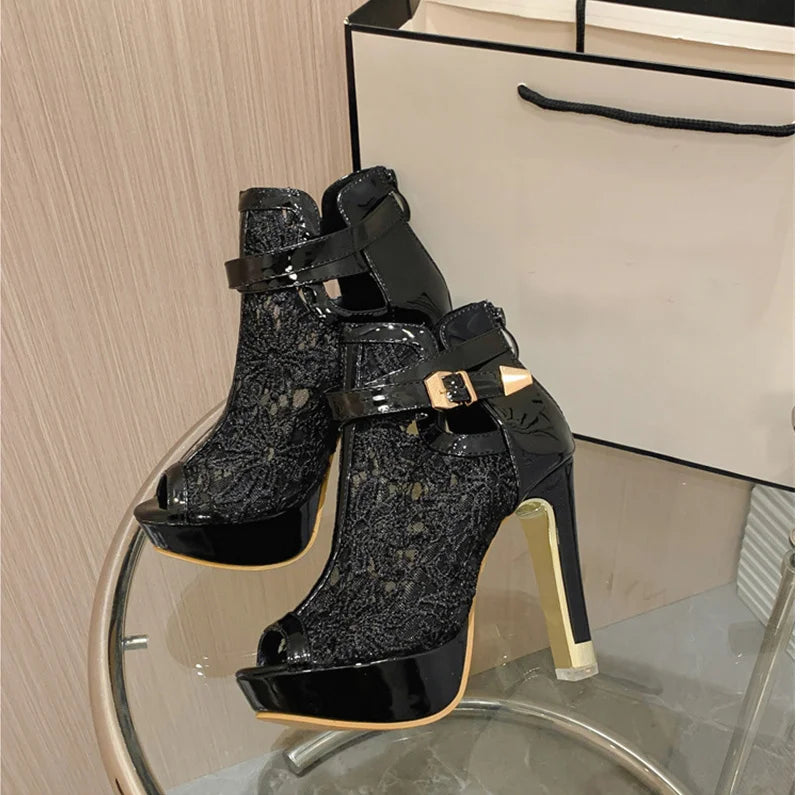 Hlieny Autumn Sexy Mesh Fabric Platform High Heels Boots Sandals Women Peep Toe Nightclub Party Stiletto Female Shoes