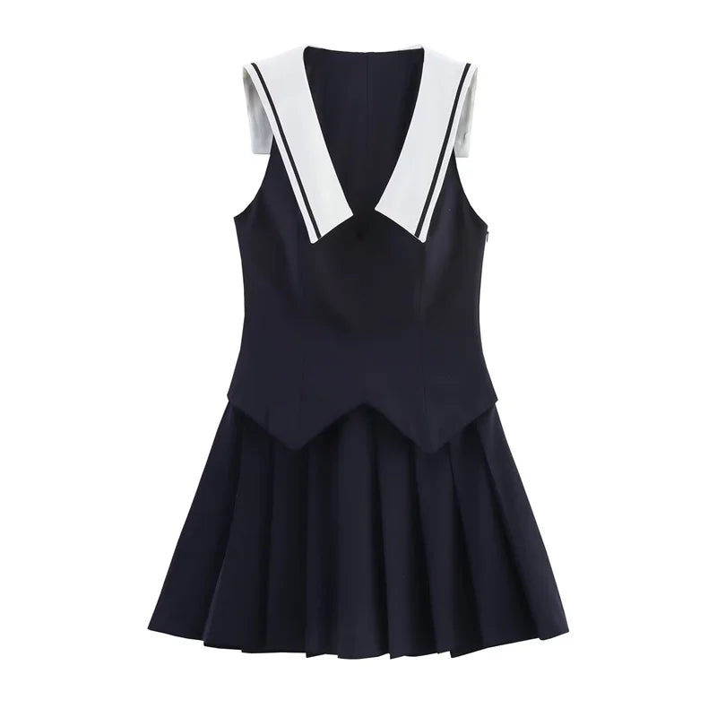 Women's Dresses New Summer 2025 Sailor Suit Style Wide Pleated Cropped Dress Fashionable Color-Blocking Sexy Cute Personality