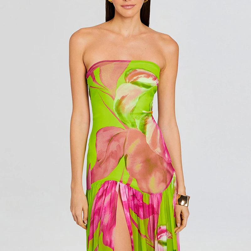 Women's Trendy Printed French Dresses Spring Sexy Strapless Split Hem Pleated Dress Summer Off Shoulder Backless Boho Long Dress