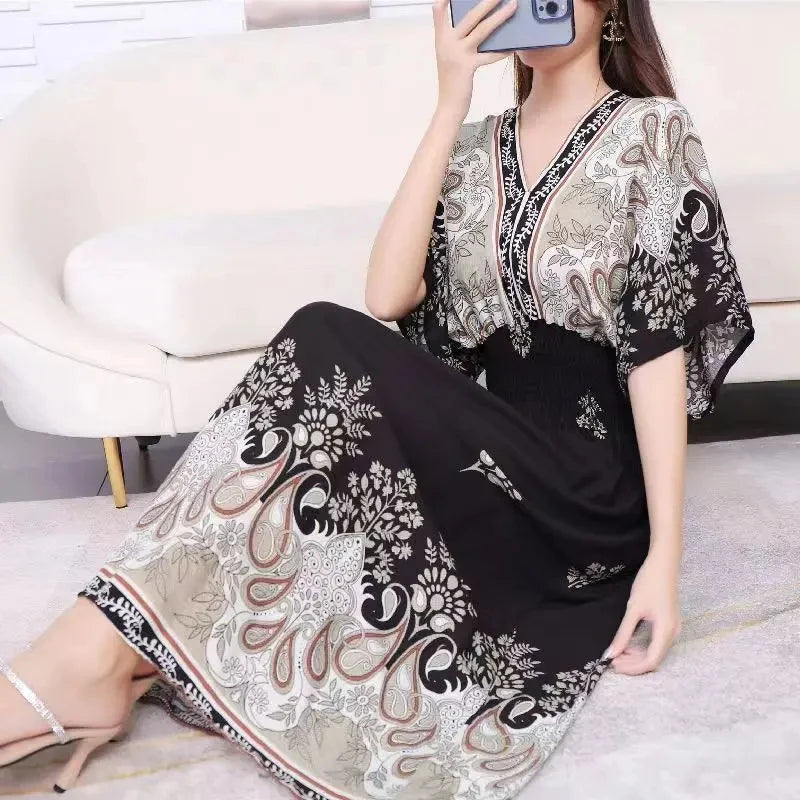 Spring New In Women's Dress V-Neck Short Sleeve Dress Elegant Sweet Print Dress Casual Retro Boho Elastic Waist A-Line Dress