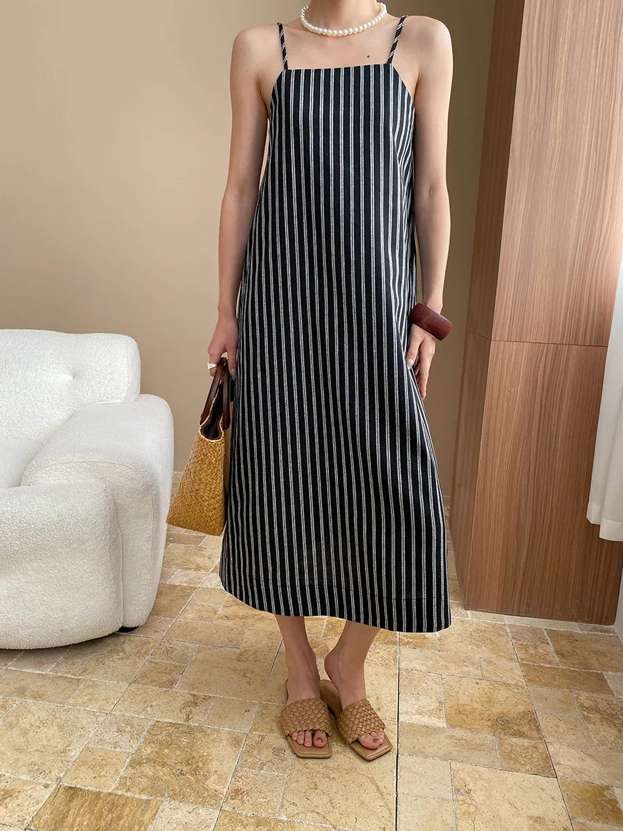 Spring and summer women's casual striped loose suspender dress