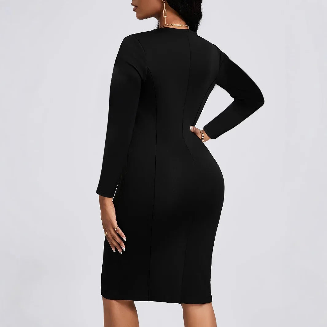 Plus Size Elegant Zipper PU Leather V-Neck Midi Long Sleeve Bodycon Dress Women's plus Size Dress Fashionable Cross-Border Gown