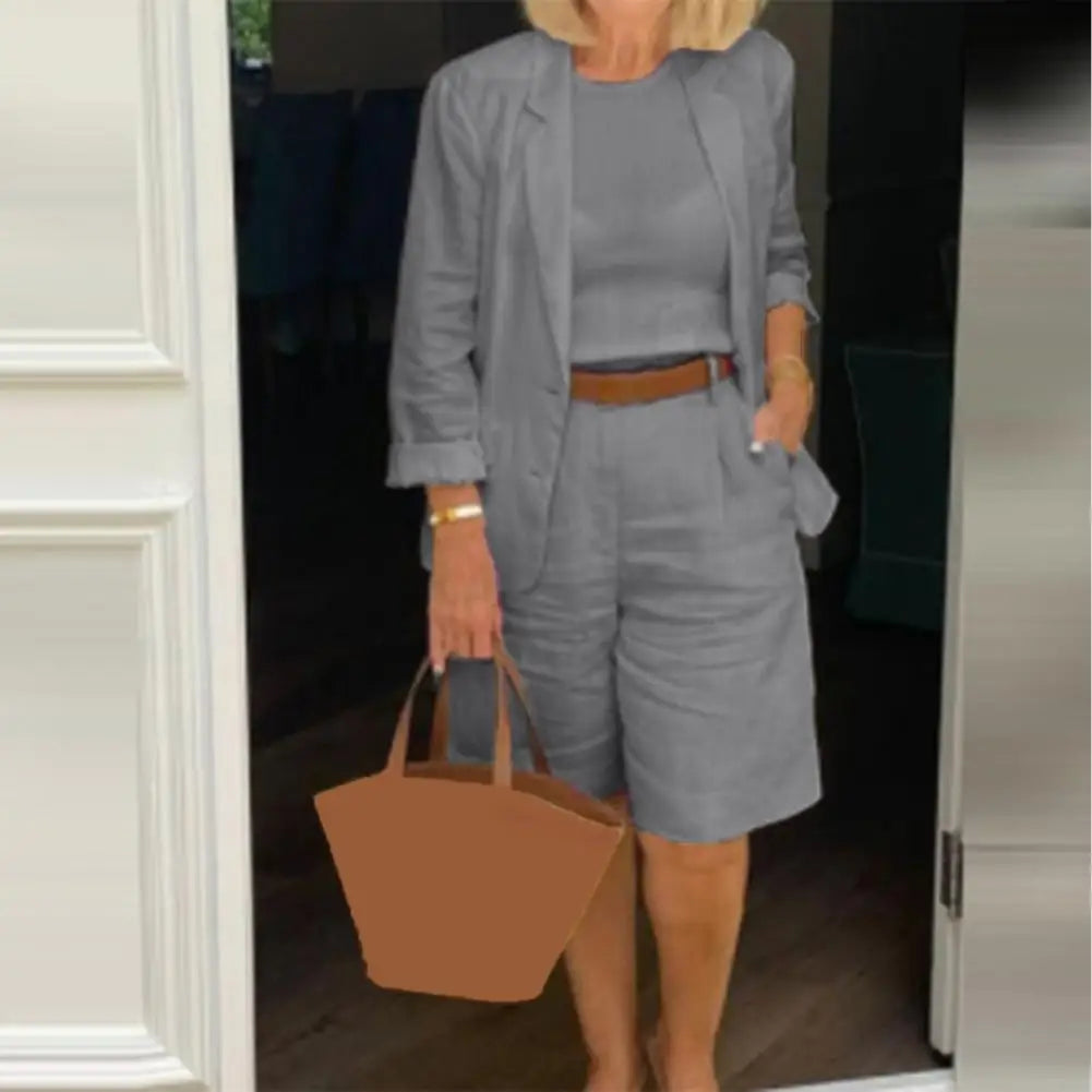 Cotton Linen Temperament Blazer Shorts Women's Blazer Suit 2 Piece Set Elastic Waist Thin Female Blazer Shorts Summer Outfit