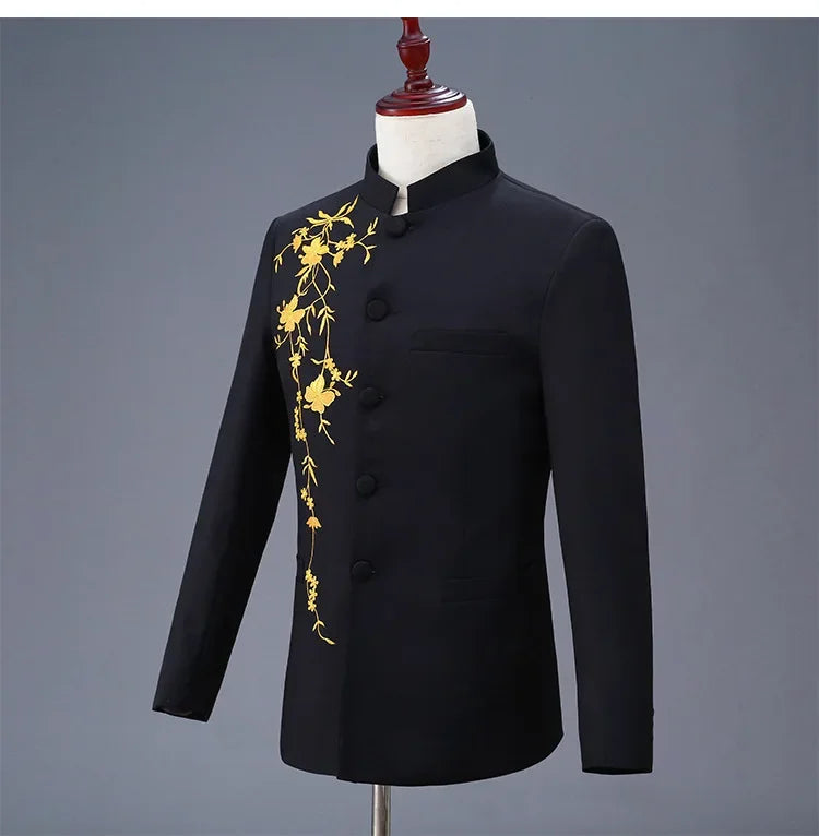 New Men Stand Collar Embroidery Suit 2 Piece Black / White / Red Fashion Male Stage Party Perform Blazer and Trousers