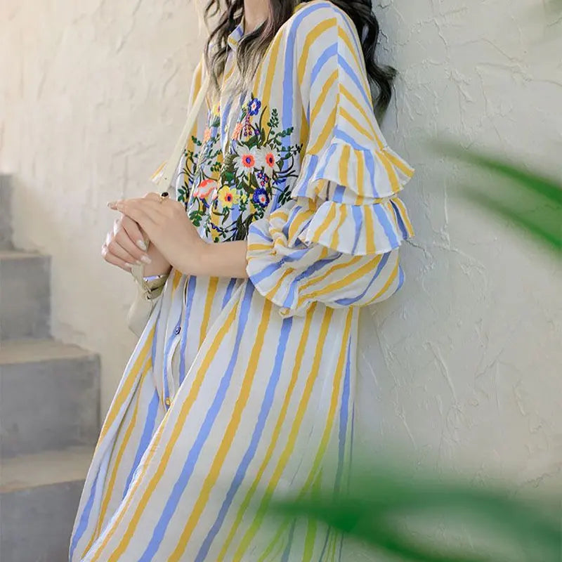 Spring Summer Floral Embroidery Dresses Contrasting Colors Striped Female Single-breasted Ruffles Spliced Straight Midi Dress