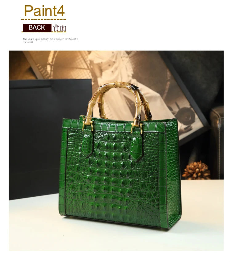 Crocodile Pattern Leather Women's Handbags Bamboo Handle Portable Tote Bag Mom Tide Shoulder Messenger Bags 2025 New Fashion