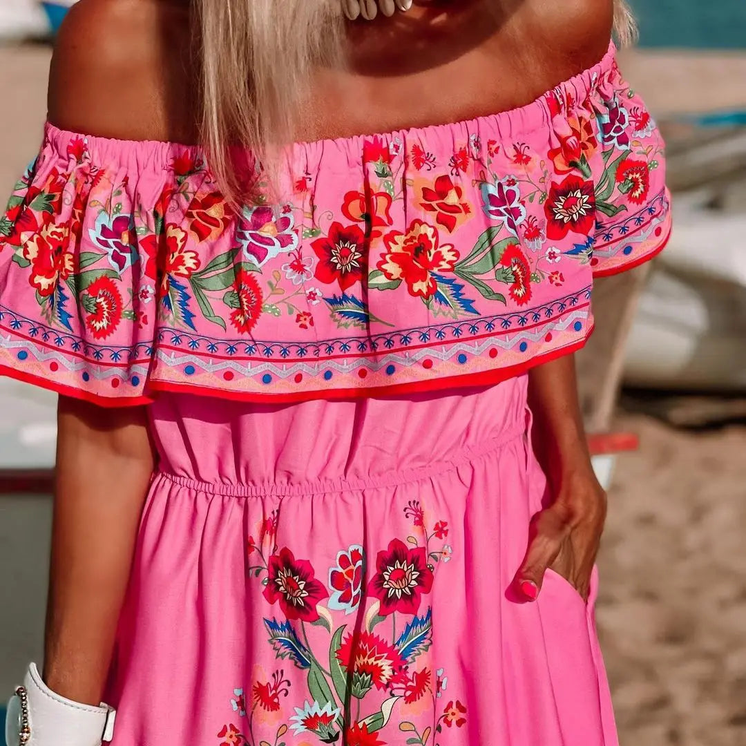 2024 Spring Summer Women's New Sexy One Shoulder Off Shoulder Fashion Red Flower Printed Lace Up Waist Long Swing Dress