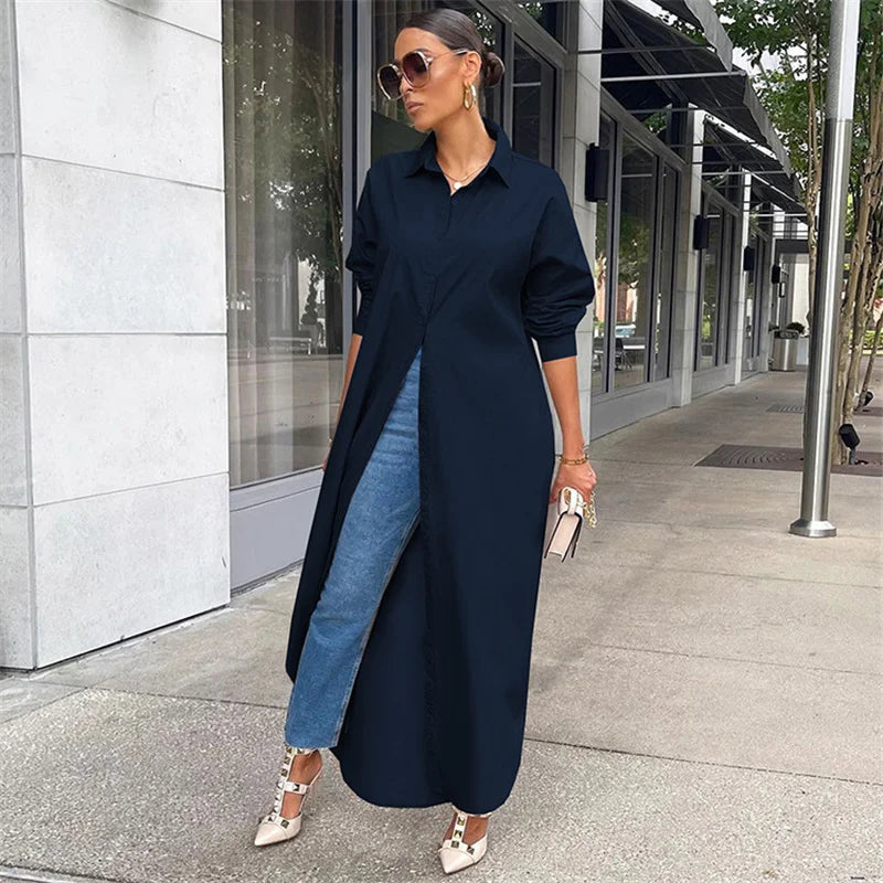 Spring Summer Long Sleeve Shirt Dress Women Turn-down Collar Button Up Straight Maxi Dress Loose Casual Long Dresses Vestidos