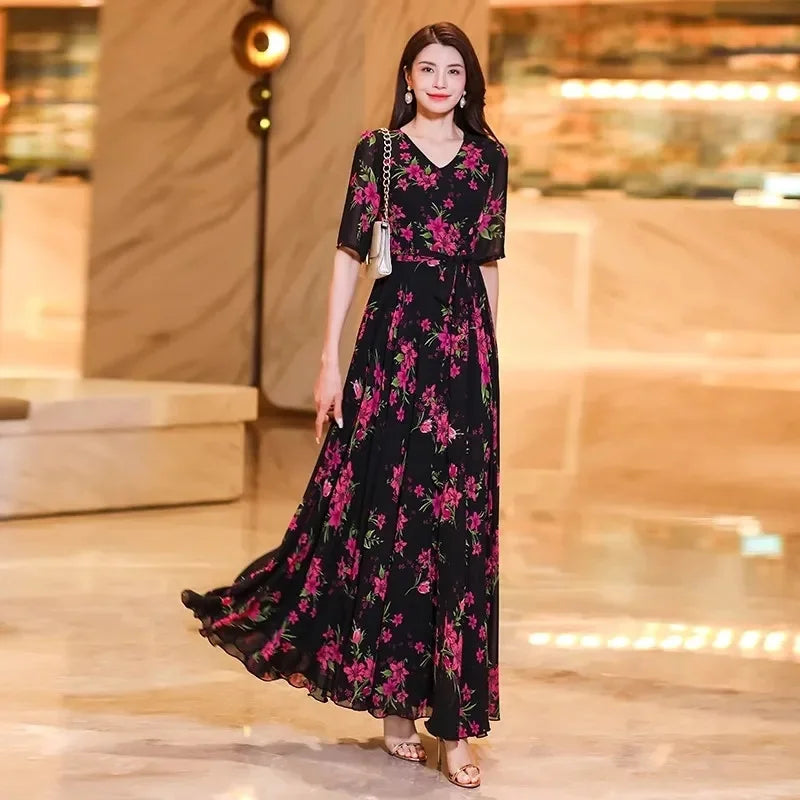 Womens Dresses Fashion Summer Dresses 2024 Summer Senior red Print Dress Long Loose Temperament Waist Loose Big Swing Dress