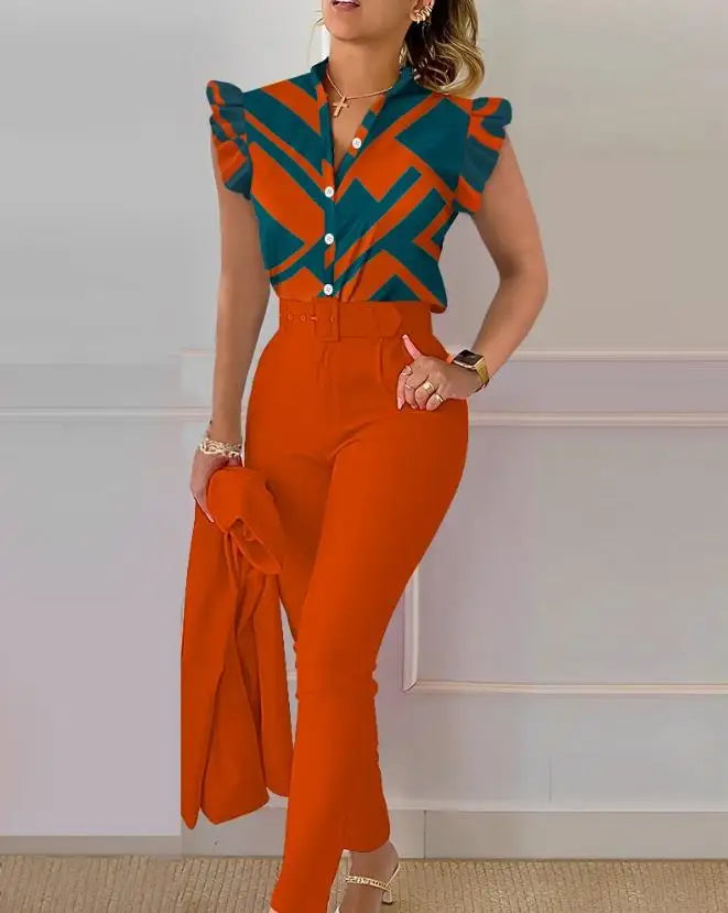 Two Piece Sets Womens Outifits 2023 Summer Fashion Geometric Print Flutter Sleeve Stand Collar Top & Pocket Pants Set with Belt