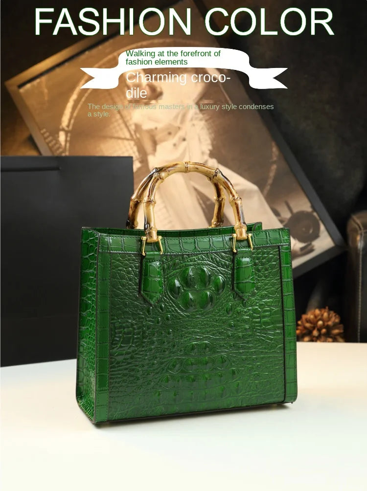 Crocodile Pattern Leather Women's Handbags Bamboo Handle Portable Tote Bag Mom Tide Shoulder Messenger Bags 2025 New Fashion