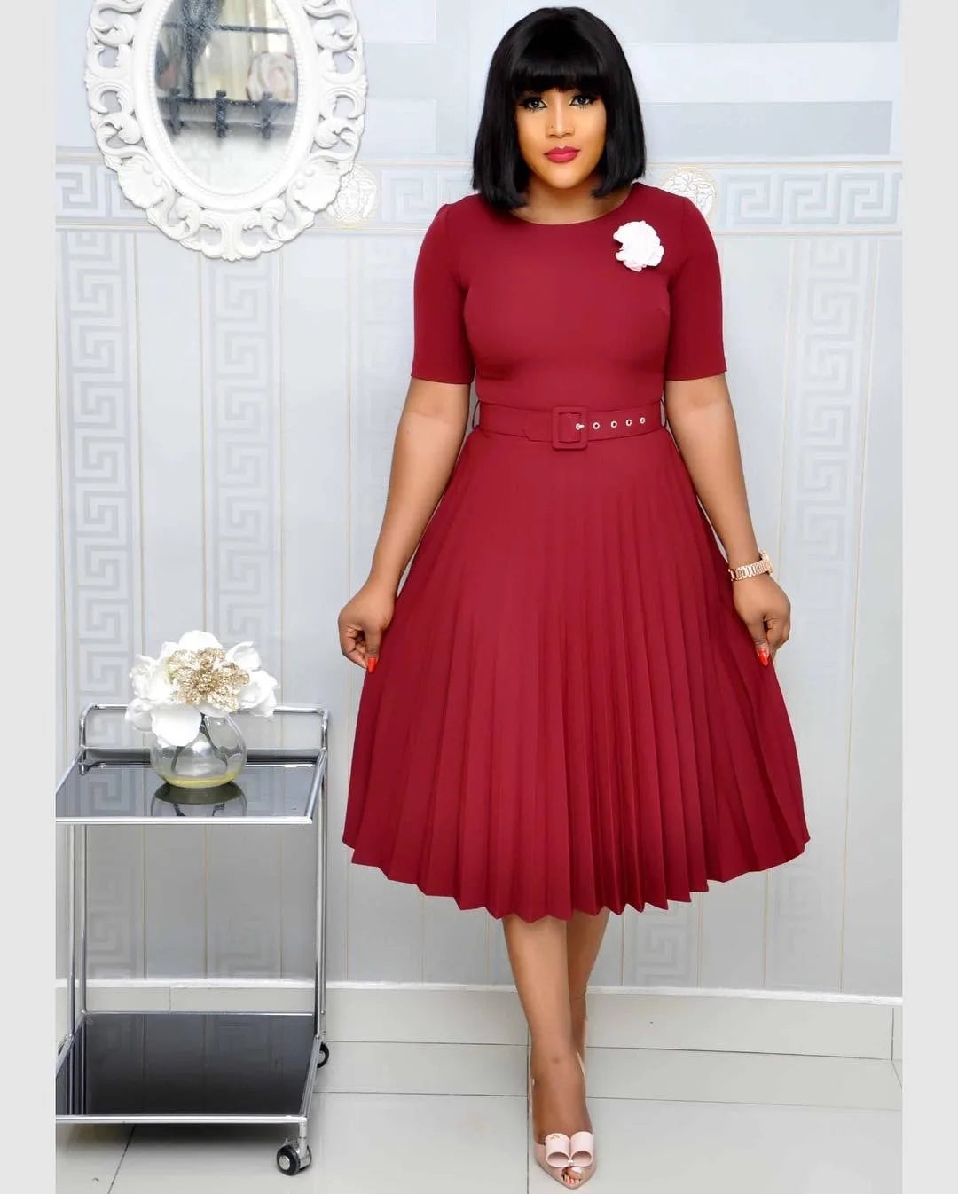 Summer Plus Size Pleated S-5Xl Dress Ladies O-Neck Short Sleeve Solid With Belt Mid-Calf Office Lady Elegant Dresses For Women