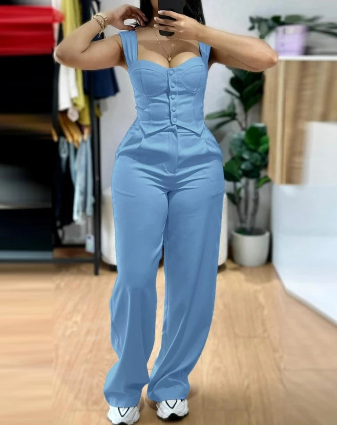 Women's Sexy Suits 2025 Spring Summer Latest 2 Piece Thick Strap Button Front Slim Fit Tank Top High Waist Wide Leg Pants Set