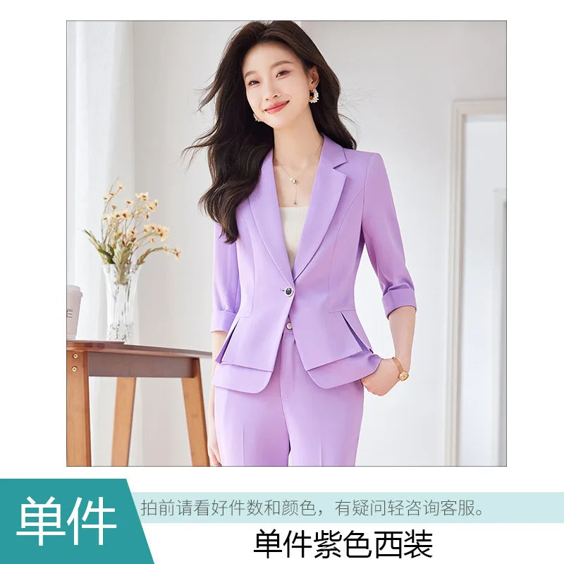 2024 Summer New Women's Petite Casual Seven-Half Sleeve Professional Workwear Purple Thin Suit Jacket Pants Set