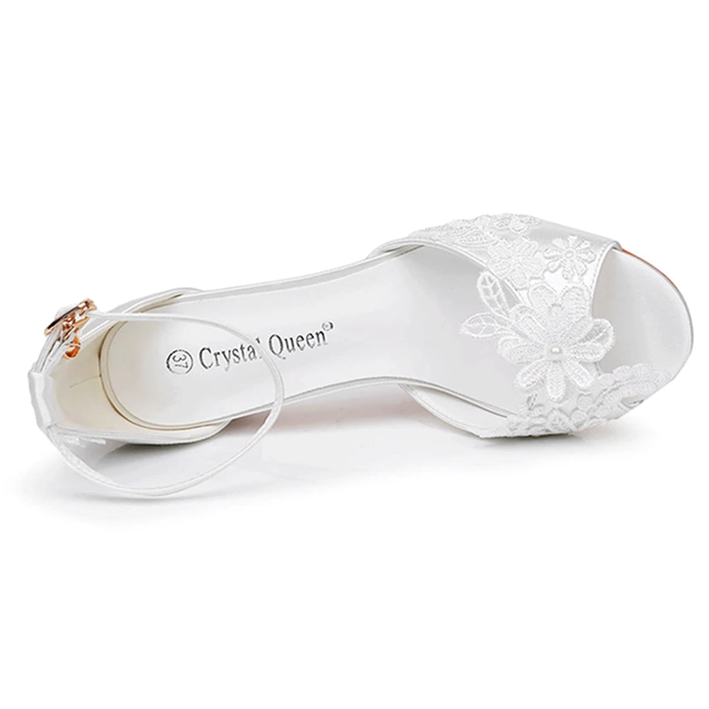Crystal Queen Bride Sandals Solid Flower Chunky High Heel Ankle Buckle Pumps Elegant White Lace Women Wedding Shoes