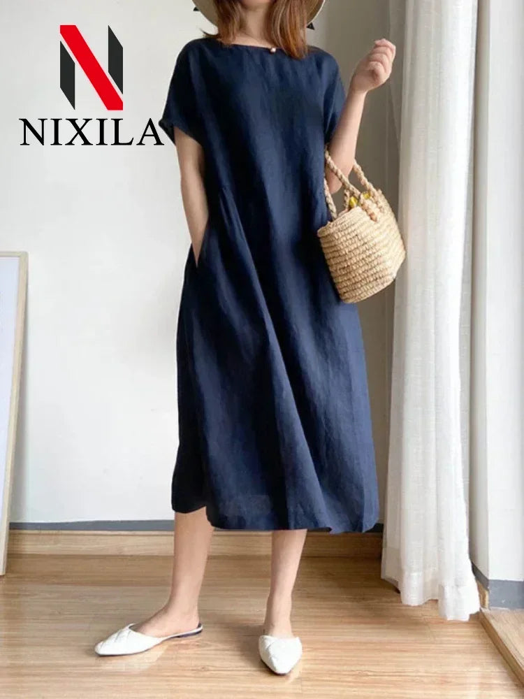 New in Spring Summer Women's Dress Elegant Casual Loose Short Sleeve Tops A-LINE Oversize Solid Midi Dresses for Women Clothing
