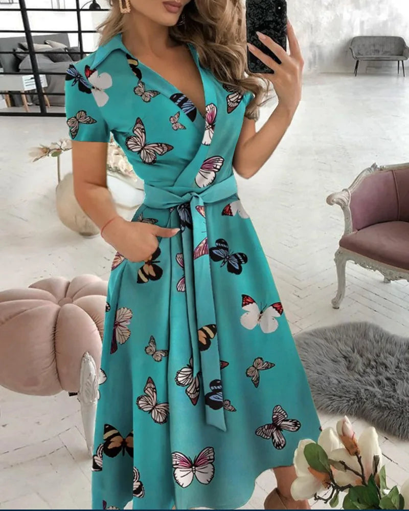 Women's New Short Sleeve Dress Spring Summer Fashion V-neck Printed Bag Hip Dress for Women Temperament Personality Wear