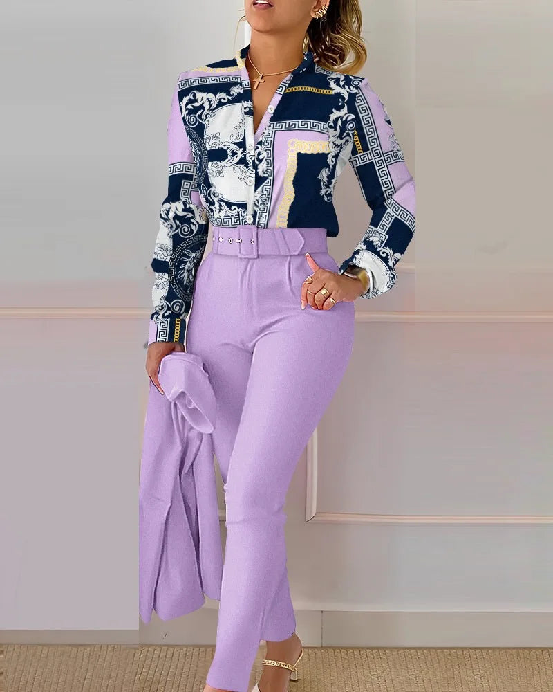 Women's Elegant Autumn/Winter Printed V-Neck Long Sleeve Button Shirt Top Fashion Solid Color Long Pants 2 Piece Set With Belt