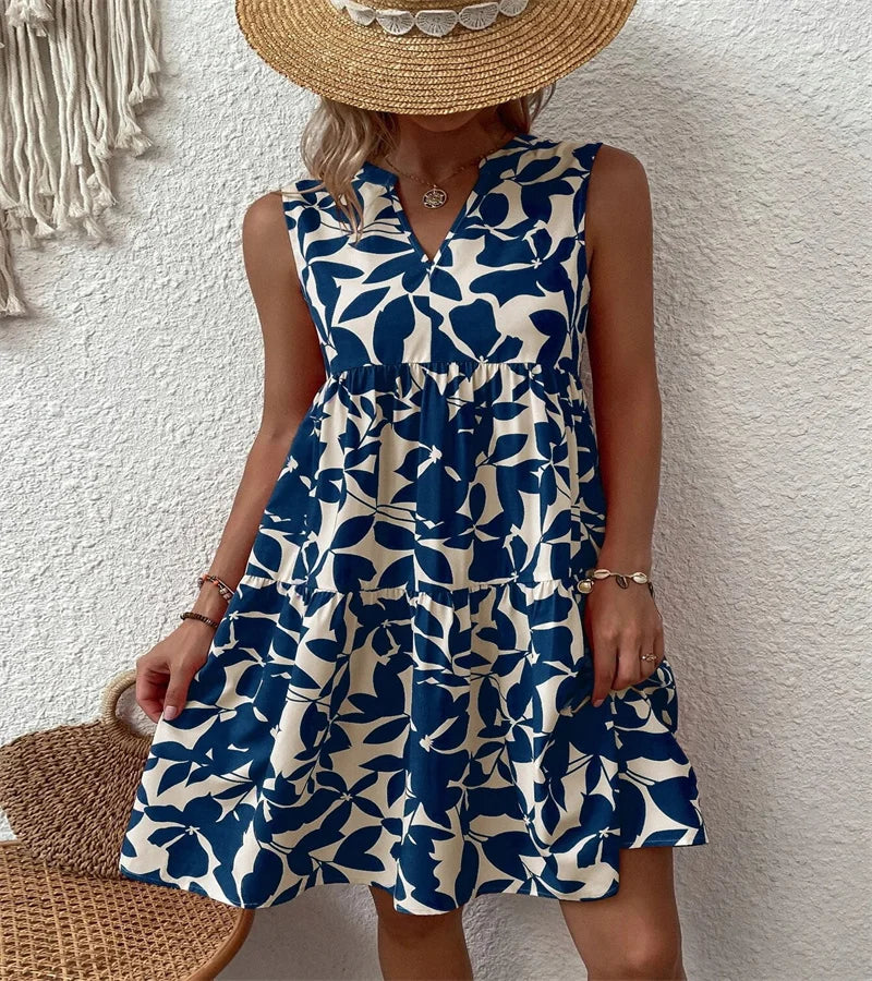 Spring and summer 2024 European and n Ladies Elegant Dress Bohemian fashion loose V-neck ruffle print dress