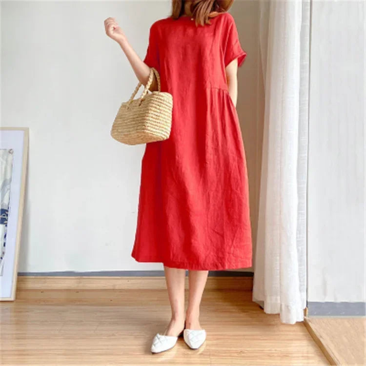 New in Spring Summer Women's Dress Elegant Casual Loose Short Sleeve Tops A-LINE Oversize Solid Midi Dresses for Women Clothing